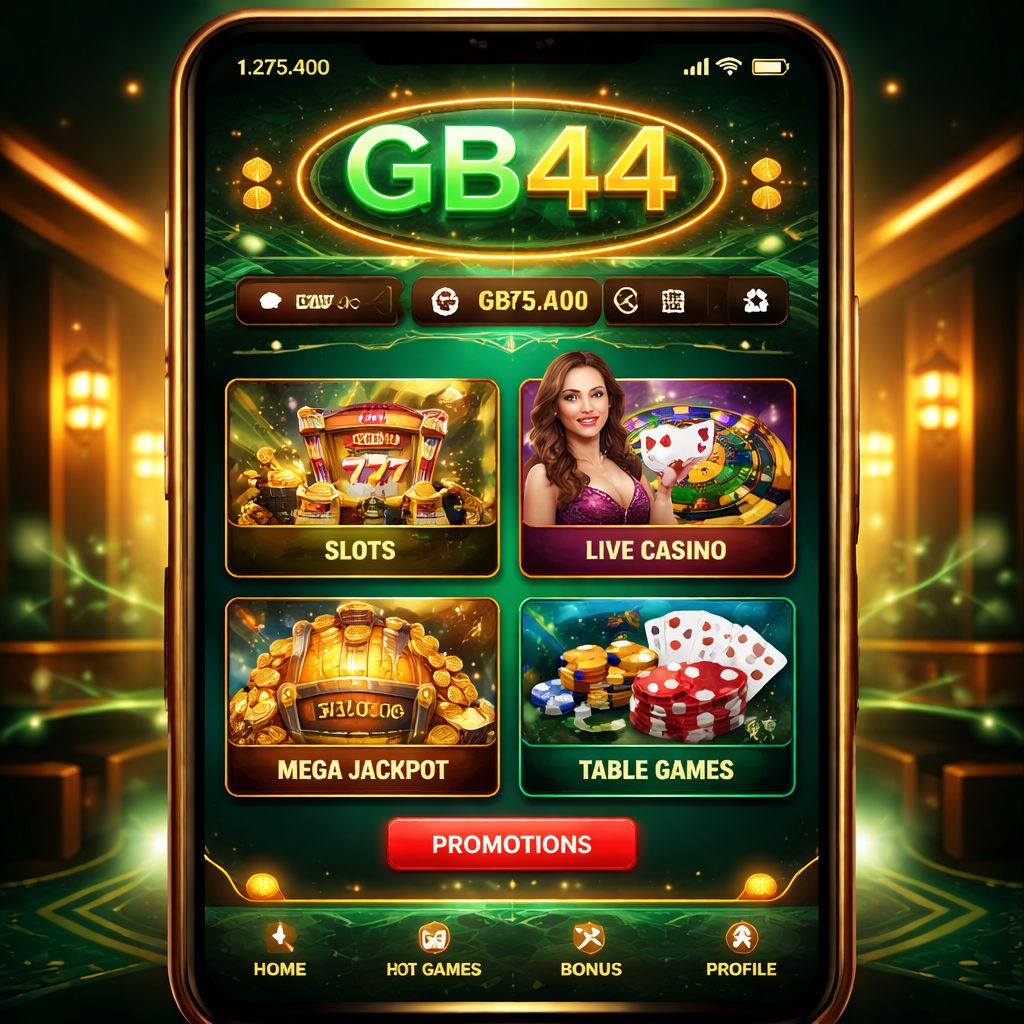 GB44 Android অ্যাপ্লিকেশন একটি আধুনিক স্মার্টফোন মকআপে প্রদর্শিত