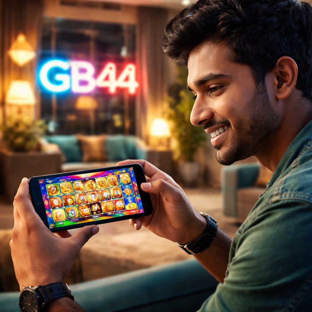 GB44 mobile casino lobby preview with neon signage on smartphone